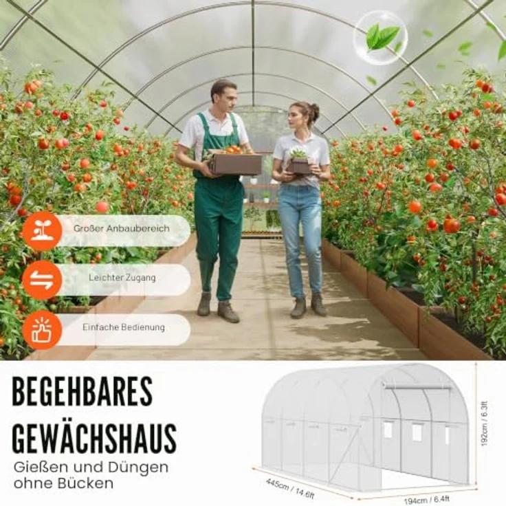 VEVOR Foliengewächshaus 445 x 194 x 192 cm, Tomatengewächshaus mit verzinktem Stahlrahmen, weißer PE-Abdeckung, aufrollbarer Reißverschlusstür und 8 Fenstern für optimierte Belüftung – Bild 5