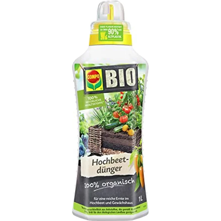 COMPO BIO Hochbeetdünger, Flüssig-Dünger für Obst- und Gemüsepflanzen, 100% natürliche und vegane Inhaltsstoffe, 1 L – Bild 1