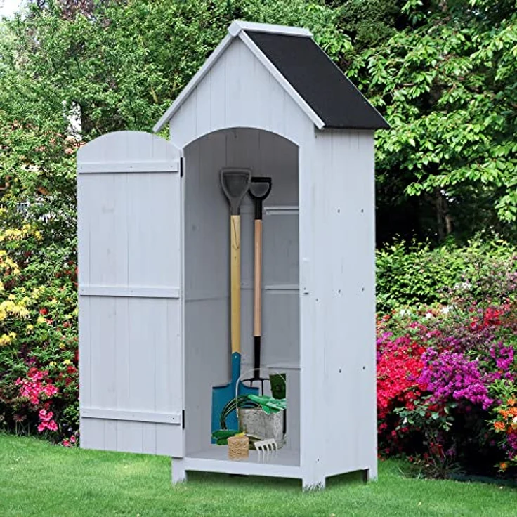 Outsunny Gartenschrank Holz Gerätehaus Gartenhaus Geräteschuppen Geräteschrank Holzhütte Giebeldach Bitumenpappe Weiß 77,5 x 54,2 x 179,5 cm – Bild 2