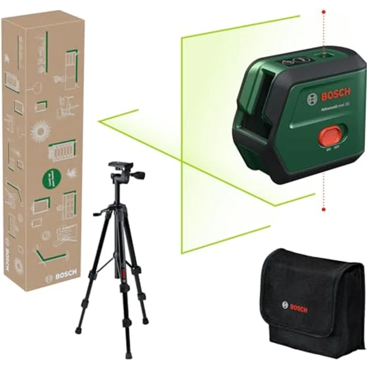 Bosch Kreuzlinienlaser AdvancedLevel 2G, Präzise Selbstnivellierung, Reichweite 15 m, mit Zubehör und Stativ, grün