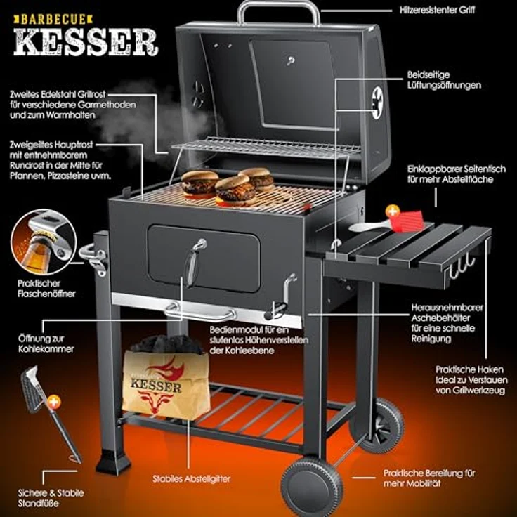 KESSER® Grill Grillwagen BBQ Smoker XL Holzkohlegrill mit Deckel, Rädern, Edelstahl-Griff, Grillrost und Thermometer, 8 Spieße mit Tasche & Silikon-Pinsel, Standgrill, Kohlegrillwagen – Bild 4