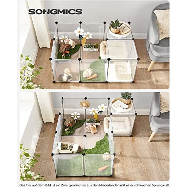 SONGMICS Freigehege mit Bodenplatten, Laufstall, Meerschweinchen Gehege, aus Kunststoff, Gehege für Hamster, Kaninchen, Igel, 143 x 73 x 46 cm, weiß LPC02W – Bild 2