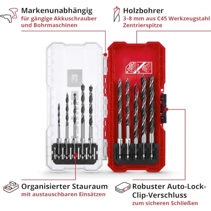 Einhell Original S-CASE 10-tlg. Holzbohrer-Set, rollgewalzter C45 Werkzeugstahl, E 6.3 Schaft, zweispiralig, 3-Punkt-Anschliff, Zentrierspitze inkl. Aufbewahrungsbox – Bild 3