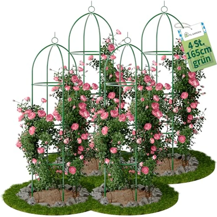 TTL Garden Obelisk Rankhilfe L 165x40cm grün 4er Set, rostfreies Metall-Rankgitter für Kletterpflanzen, pulverbeschichteter Stahl, 165 cm hoch, 40 cm Ø, ideal für Rosen, Clematis, Tomaten und Gurken – Bild 1