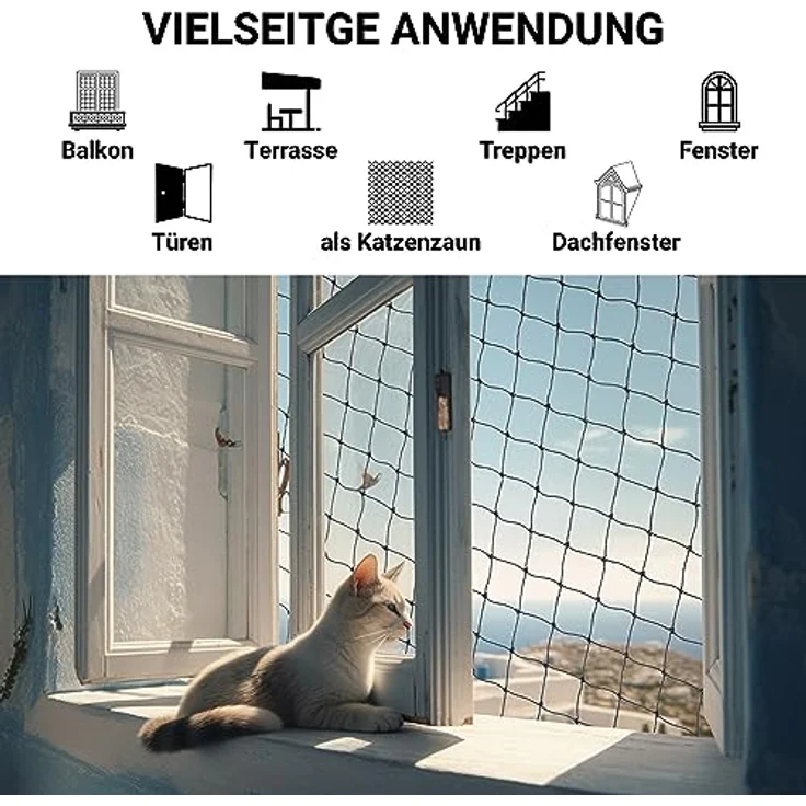 FinoPet Katzennetz für Balkon drahtverstärkt 4x3 Meter inklusive Befestigungsmaterial, Katzenschutznetz Katzengitter Schutznetz Sicherheitsnetz Balkonnetz für Katzen, Katzennetz für Balkon ohne bohren – Bild 3