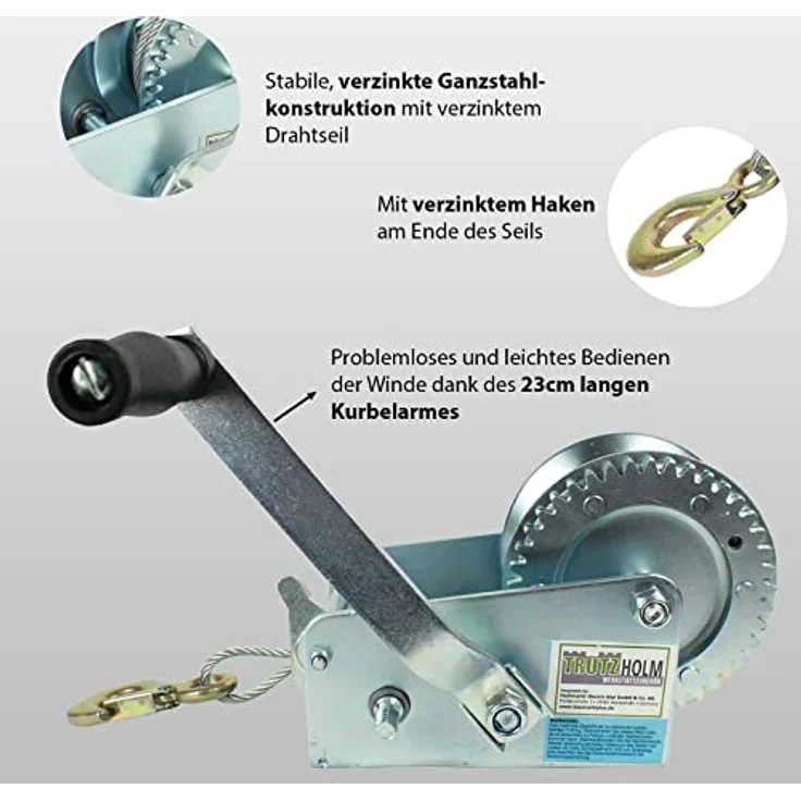 TRUTZHOLM Handseilwinde 1130 kg, 10 m, stabile Stahlkonstruktion mit zweifacher Übersetzung und 23 cm Kurbelarm – Bild 5