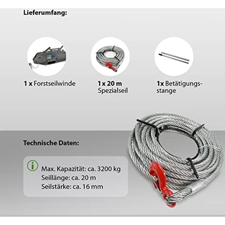 TRUTZHOLM Forstseilwinde 3200kg, 20m Spezialseil, teleskopierbare Betätigungsstange mit gummiertem Handgriff, Aluminiumgehäuse – Bild 5