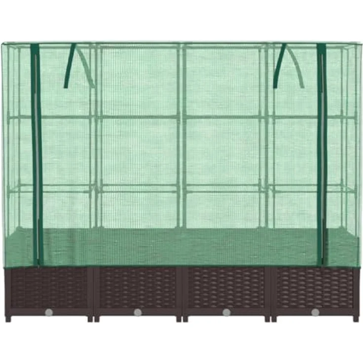 vidaXL Hochbeet mit Gewächshaus-Aufsatz, Pflanzbeet mit Eisenrohr-Rahmen, Rattan-Optik – Bild 5