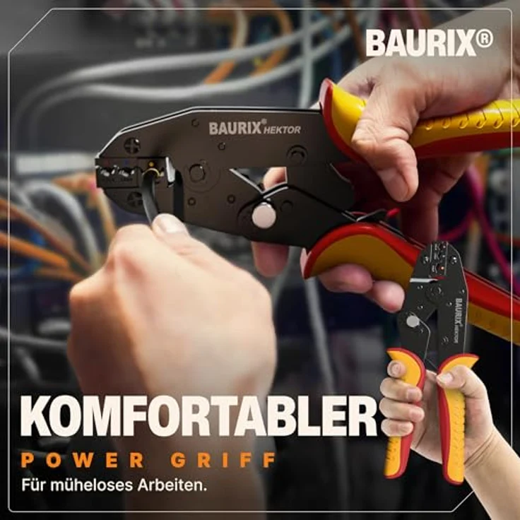 BAURIX Crimpzange HEKTOR inkl. 700 Stück Kabelschuhe Set, verpresst Kabelschuhe 0,50 - 6,00 mm², ergonomischer Griff, Sortimentsbox, Kupfer/PVC – Bild 6