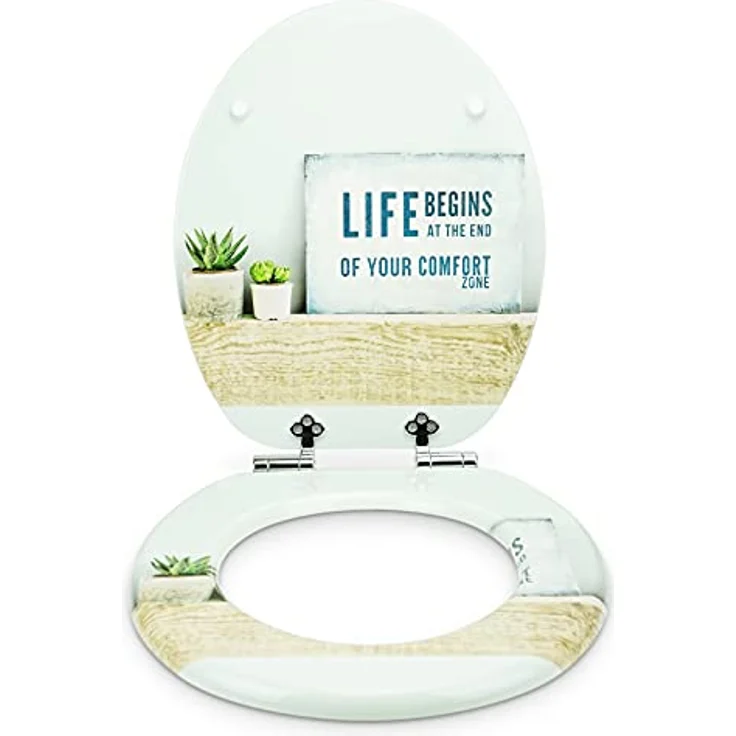 Sanfino WC Sitz Life, Toilettendeckel aus Holz mit Absenkautomatik, weiß-graues Motiv, hochwertige Verarbeitung, verchromte Metallscharniere – Bild 3