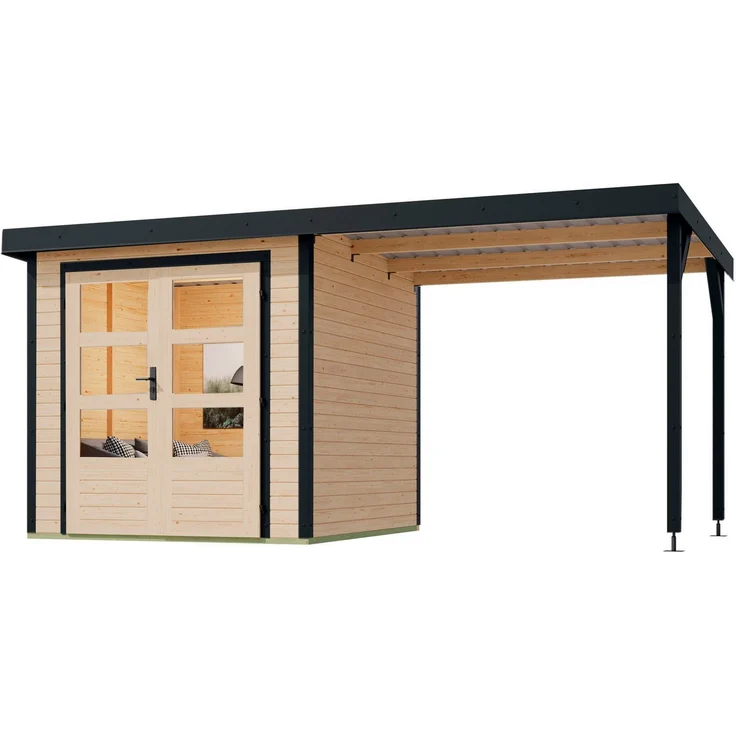 Karibu Gartenhaus "Jupiter A SET", 453x235 cm, Hybrid aus Holz und Metall, naturbelassen/anthrazit mit Anbaudach