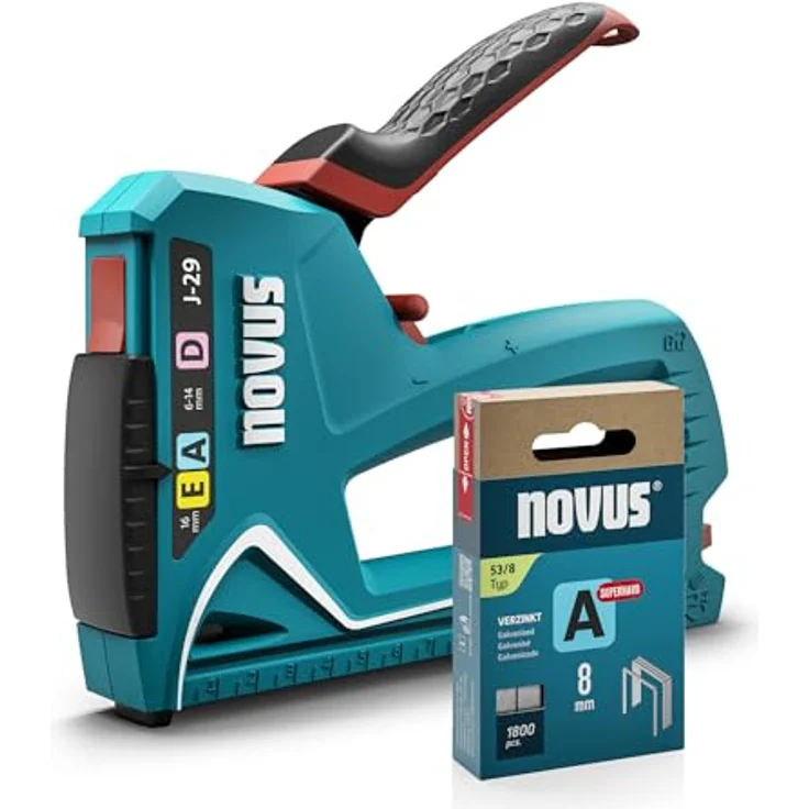 NOVUS Nagler Novus Tools J-29 030-0460 Handtacker Klammerntyp Typ 53F, Typ 53, Typ - Profi-Tacker mit Metall-Gehäuse, Feindraht- und Flachdrahtklammern, 16 mm Nägel, inkl. 1800 Feindrahtklammern A, Ergonomischer Softgrip-Hebel, Blau – Bild 2