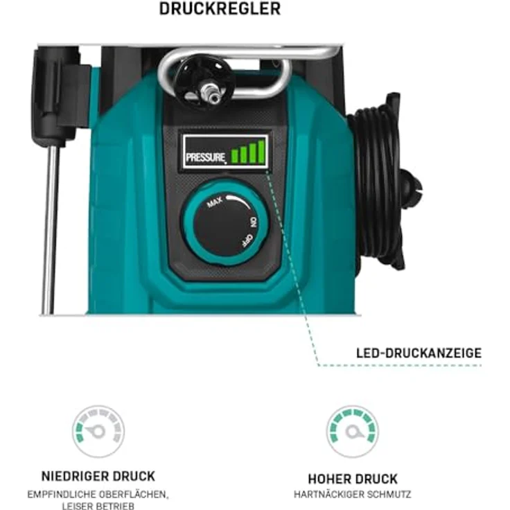 VONROC Hochdruckreiniger V24 PW512AC, 2400W, max. 180 bar, 420 l/h, 11-tlg. Set mit Druckregler, Schlauchtrommel und Aluminium-Pumpe – Bild 7
