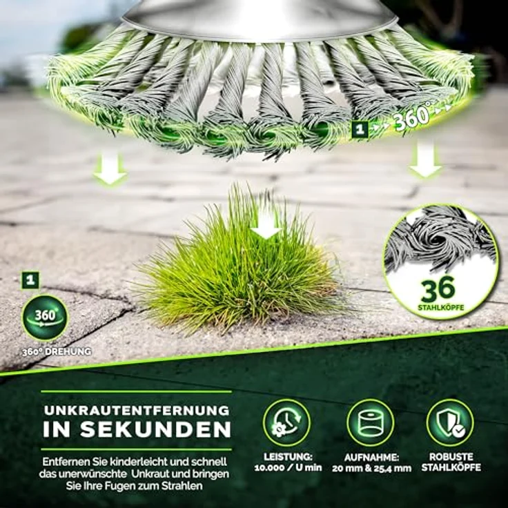 tillvex Benzin-Rasentrimmer tillvex® Unkrautbürste Wildkrautbürste Motorsense Freischneider, (Packung) - Profi Unkrautbürste für Freischneider mit 36 Stahldrahtbürsten, hitzebeständig und langlebig, inkl. Montagezubehör – Bild 5