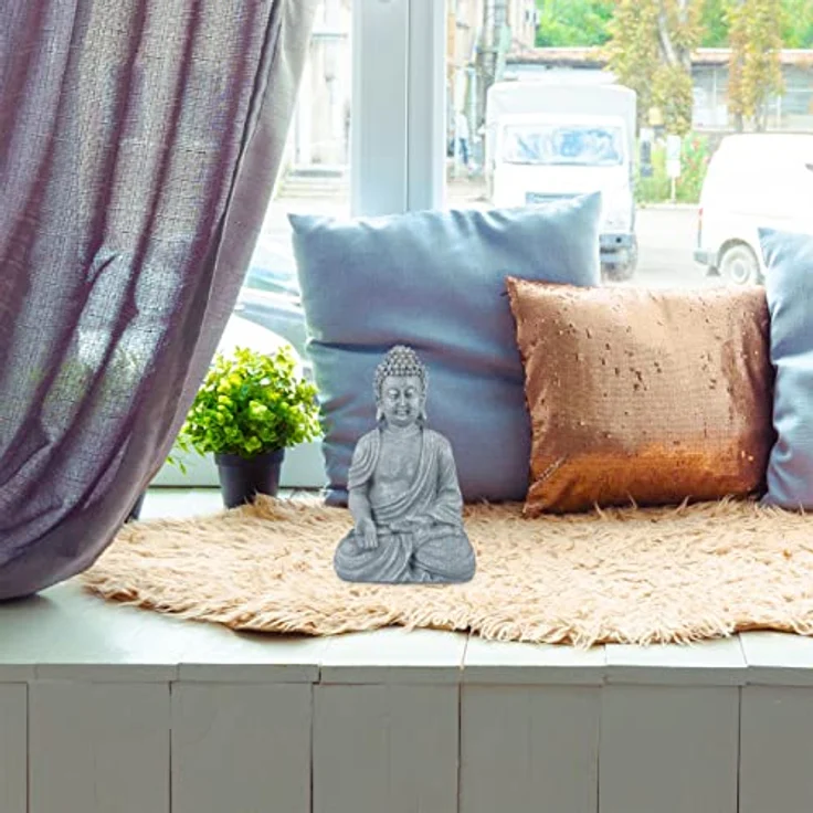 Relaxdays Buddha Figur sitzend, 30 cm, Gartenfigur, Dekofigur Wohnzimmer, Keramik, wetterfest, frostsicher, hellgrau – Bild 3