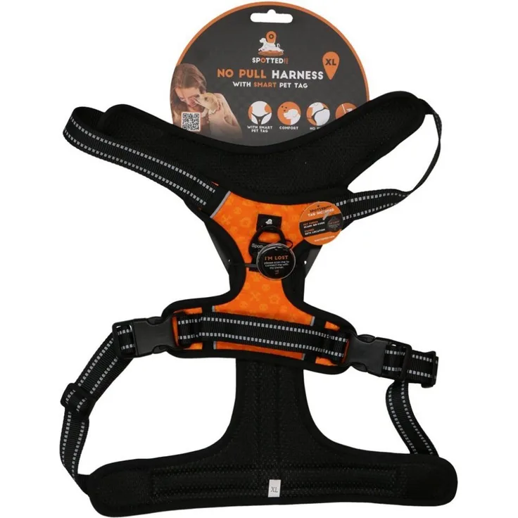 Spotted! Pro Hundeleine Geschirr NO-Pull, Orange XL mit digitaler Hundemarke und reflektierenden Elementen