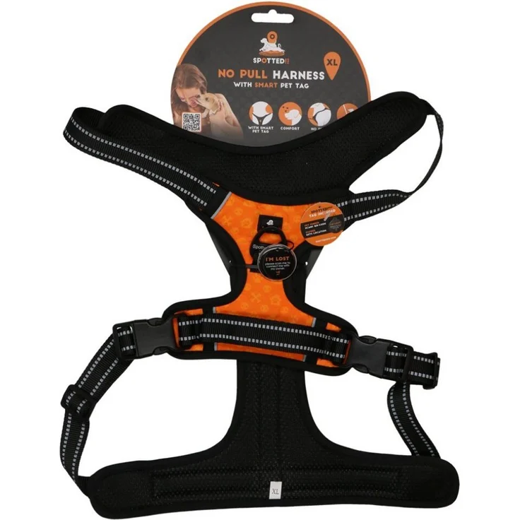 Spotted! Pro Hundeleine Geschirr NO-Pull, Orange XL mit digitaler Hundemarke und reflektierenden Elementen