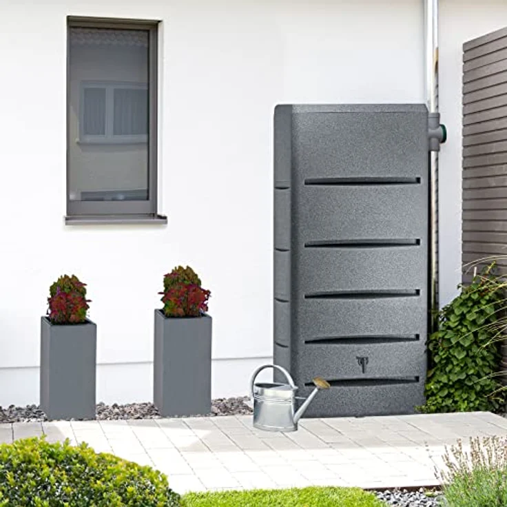 Prosperplast Regentonne eckig Regenwassertank Poseidon 720 Liter granitgrau aus UV- und witterungsbeständigem Material. Frostsichere Regenwassertonne bzw. Regenfass Wandtank, 180 cm – Bild 2