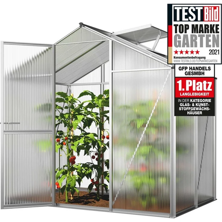 GFP Gewächshaus, 2 mm Wandstärke, stabiler Aluminiumrahmen, Polycarbonatplatten mit Dachfenster und einfacher Zugangstür
