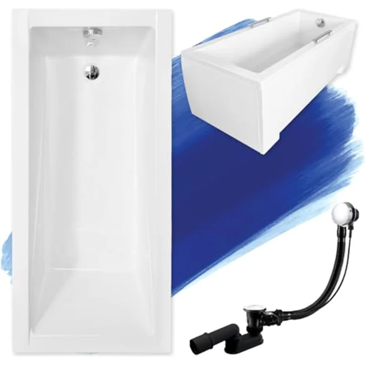 Besco BADLAND Badewanne Original MODERN 130x70 cm, Weiß Acryl, Komplettset mit Acrylschürze, Füßen und Chrom Automatik Ablaufgarnitur, Made in EU 4in1 – Bild 1