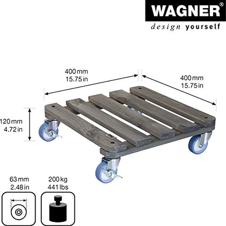 WAGNER Pflanzenroller Vintage 40 x 40 cm I Pflanzenroller & Blumenroller für Außenbereich + Innenbereich I Kübelroller aus Holz mit 2 Feststellern I Tragkraft 200 kg I Made in Germany ? 20709001 – Bild 3
