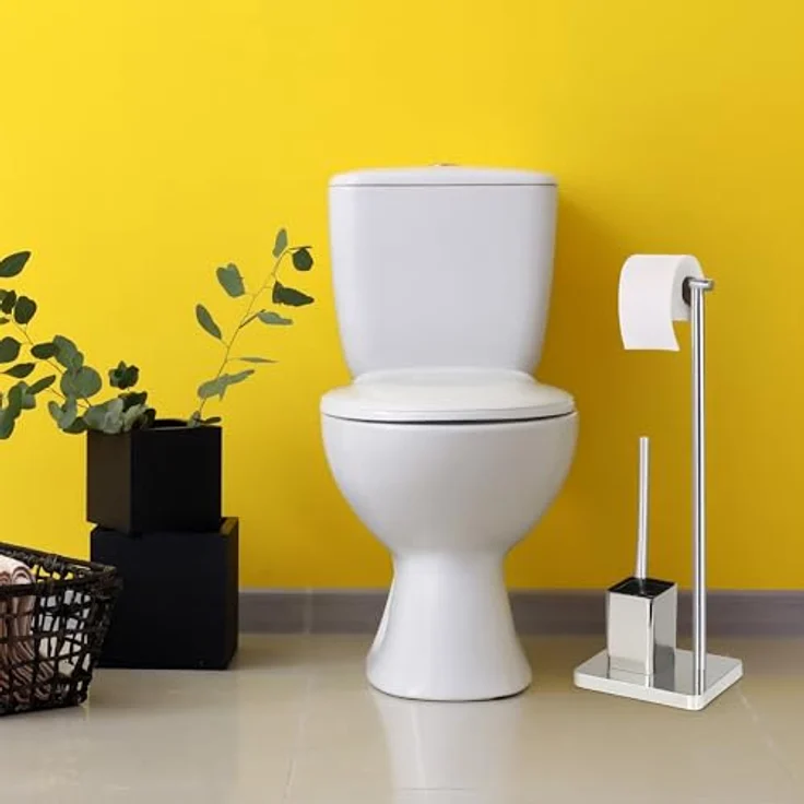 relaxdays WC-Garnitur mit 2 Ersatz Bürstenköpfen, silber, edles Design aus Edelstahl und Bambus, freistehend – Bild 2