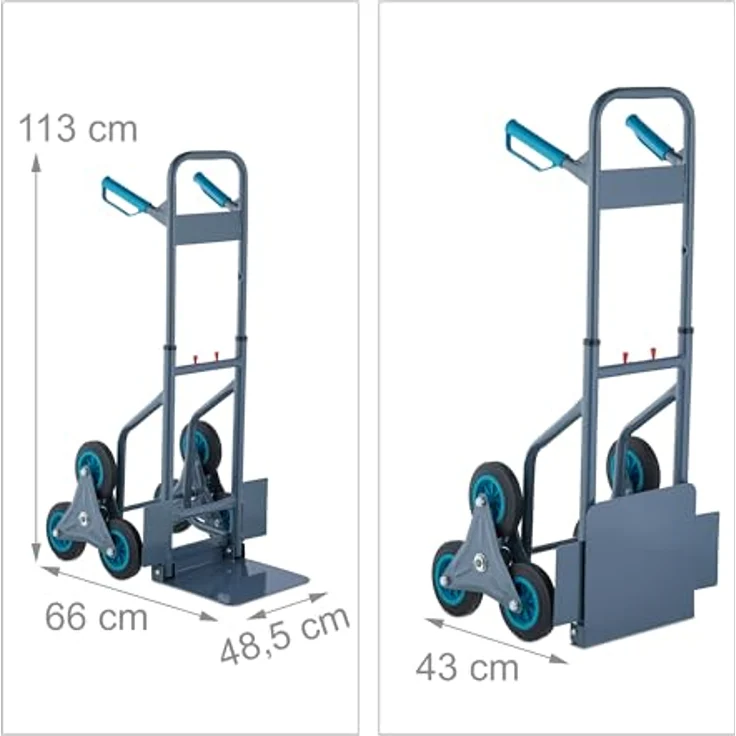 Relaxdays Treppensackkarre 200 kg, Transportkarre für Treppen mit 6-Rad-Konstruktion, höhenverstellbare Griffe, grau und blau – Bild 4