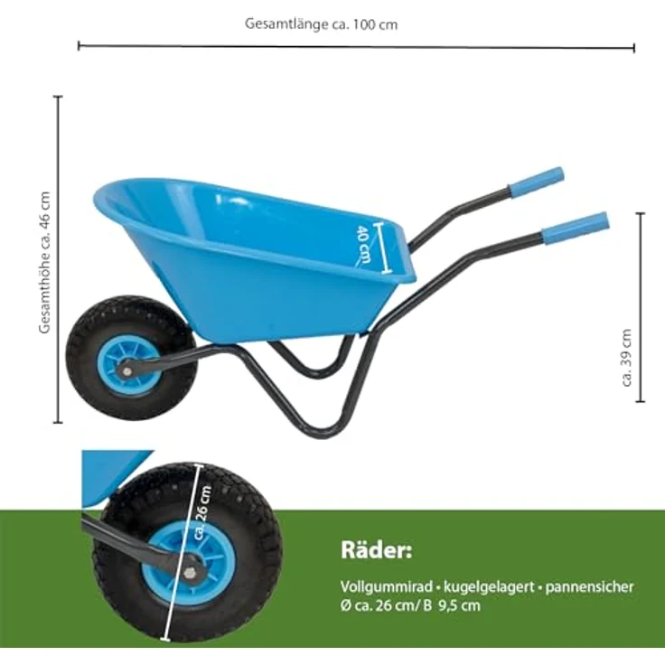 TRUTZHOLM Kinderschubkarre Uni, Schiebkarre aus pulverbeschichtetem Stahl mit 40 kg Traglast, hellblau, 3,6 kg, Vollgummirad – Bild 2