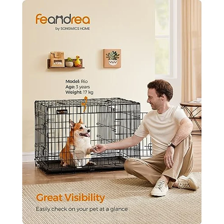 FEANDREA Hundekäfig, Hundebox, zusammenklappbar, transportabel, 2 Türen, 92,5 x 57,5 x 64 cm, schwarz PPD36BK – Bild 2