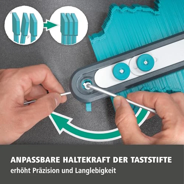 wolfcraft Konturenlehre PRO, breite Nadelschablone zum Abtasten und Übertragen von Schnittverläufen, 250 mm Breite, Teleskopschiene bis 700 mm, 168 Taststifte – Bild 5