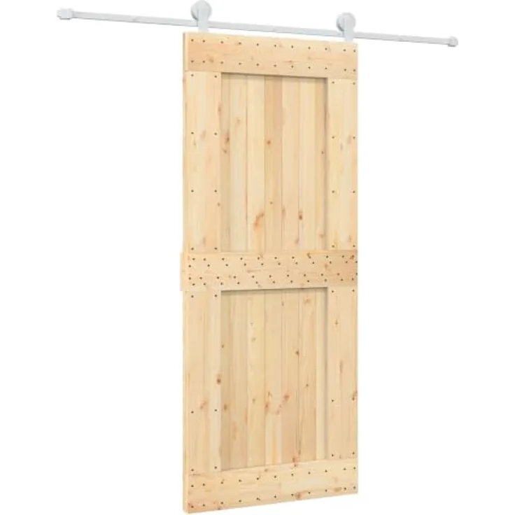 vidaXL Schiebetür Natürlich und Weiß, 85 x 210 cm, Massivkiefer mit pulverbeschichteten Stahlelementen, modernes Design und praktisches Schiebesystem
