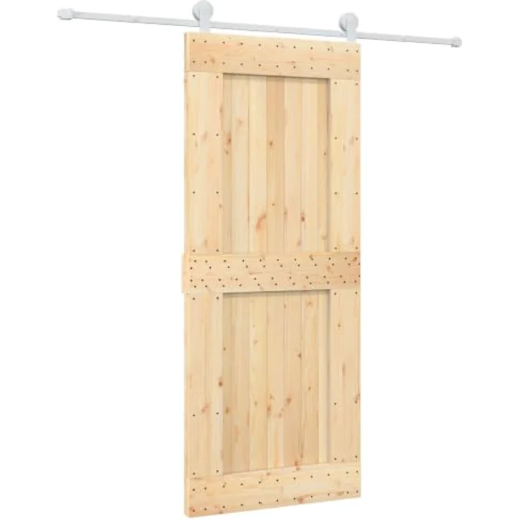vidaXL Schiebetür Natürlich und Weiß, 85 x 210 cm, Massivkiefer mit pulverbeschichteten Stahlelementen, modernes Design und praktisches Schiebesystem – Bild 1