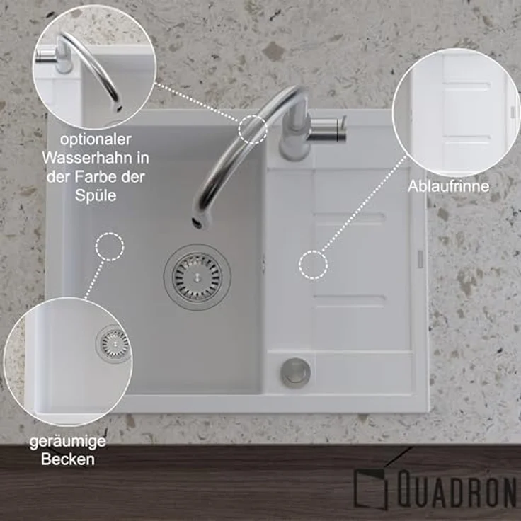 QUADRON MORGAN 116 Granit Küchenspüle, Einzelbecken mit Abtropffläche, 62 x 50 x 22 cm, Farbe: Weiß & Stahl, stoß- und kratzfest, fleckenbeständig, hygienisch und pflegeleicht – Bild 5