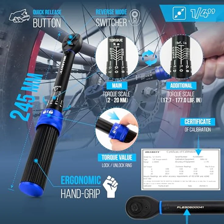 HASKYY Drehmomentschlüssel 1/4" 2-20Nm Set Fahrrad Drehmoment Bit Innensechskant Verlängerung Torx Bit Satz, F1/4"-M3/8" Adapter Reparatur Service – Bild 3