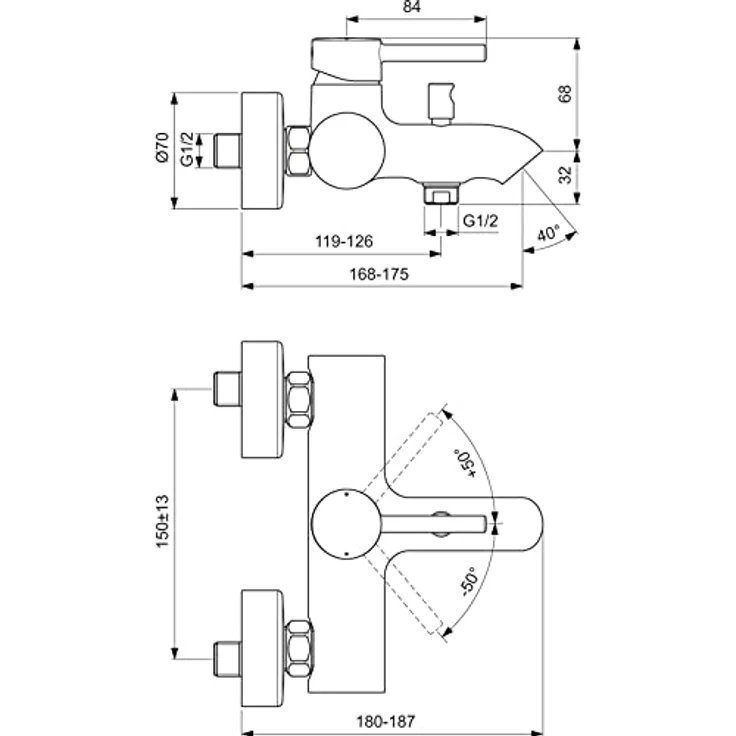 Ideal Standard Badearmatur Ceraline AP, Wand-Duscharmatur mit verchromter Oberfläche und manuellem Temperaturregler – Bild 7