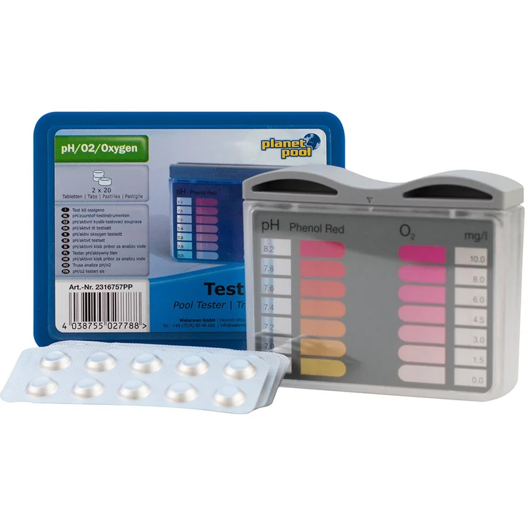 Marimex Tester für chlorfreie Chemie (O2) 11314001, pH- und Sauerstoff-Testset mit 20 Tabletten DPD4 und Phenol Red, transparent
