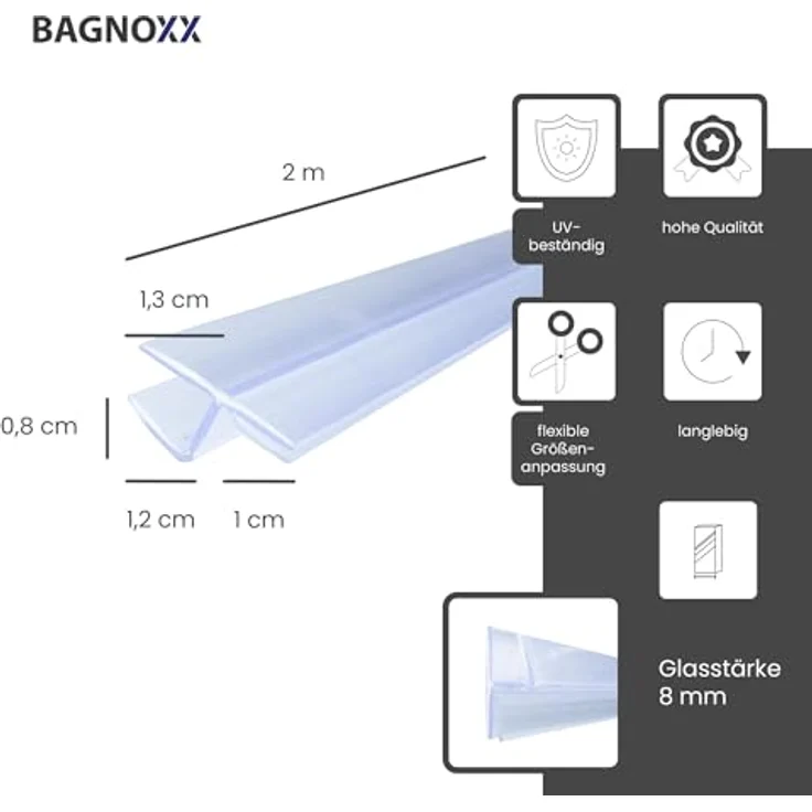 Bagnoxx Duschdichtung 180 Grad Anschlagdichtung, 2m für 8mm Glas, transparent, schimmelresistent und UV-beständig – Bild 2