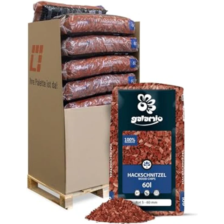 GALAMIO Holzhackschnitzel Rot, Kiefernholz Mulch 5-60mm, 720l (12 x 60l Säcke) für Garten Dekoration und Unkrautbarriere – Bild 1