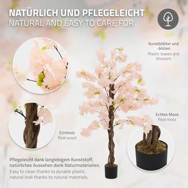 ML DESIGN Künstlicher Kirschblütenbaum 120 cm Rosa, naturgetreue Kunstpflanze mit echtem Holzstamm im Topf, pflegeleichte Deko für Innen & Außen – Bild 3
