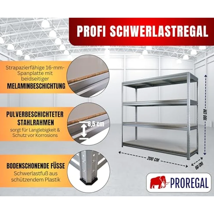 Proregal Schwerlastregal DINO, 180 x 200 x 60 cm, 4 Böden, Traglast 500 kg pro Boden, verzinkt – Bild 2