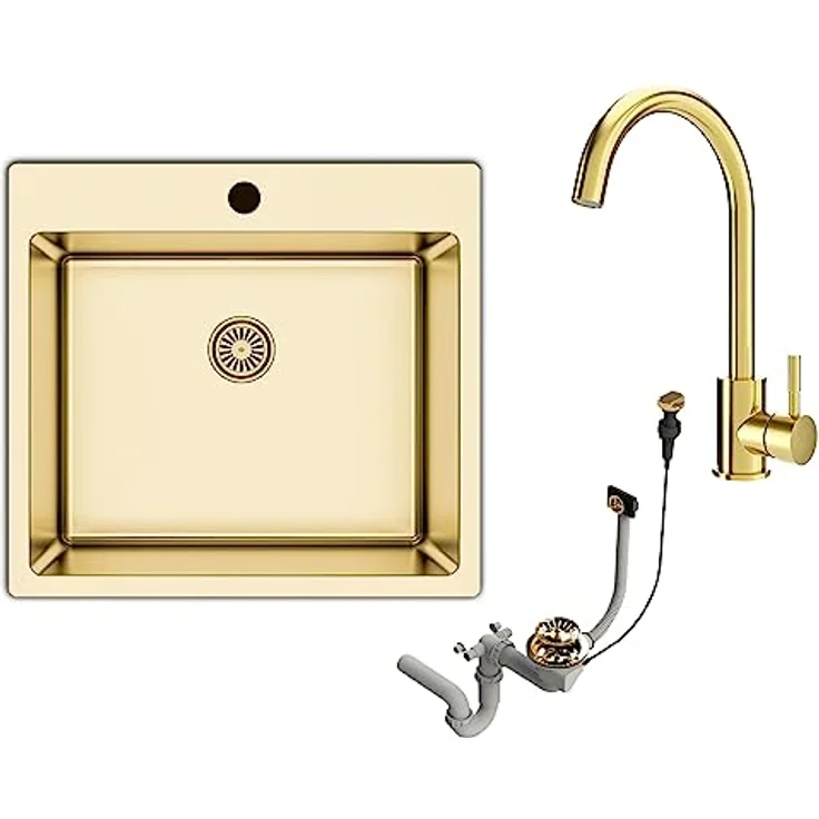 Faizee Möbel Granitspüle 76x44 mit Armatur Side, Eckig, Matt Schwarz, inkl. Siphon Set – Bild 2