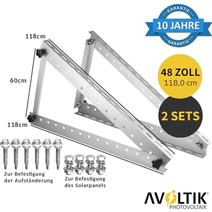Avoltik Solarpanel Halterung 48 Zoll / 118cm I 2x Halterung für Solarmodule aus robustem Aluminium I Dachhalterung für Solarmodule mit Montageset I Solarmodul Halterung mit verstellbarem Winkel, Grau – Bild 2