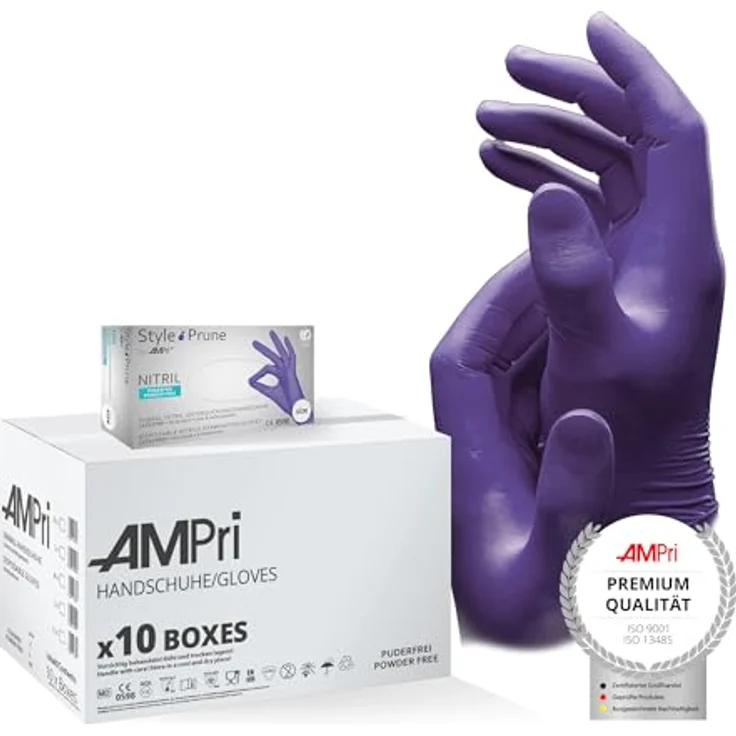 AMPri Nitrilhandschuhe Style Prune, dunkellila, puderfrei, Größe S, 10 Box a 100 Stk, reißfest und hautfreundlich, geeignet für medizinischen Einsatz – Bild 1
