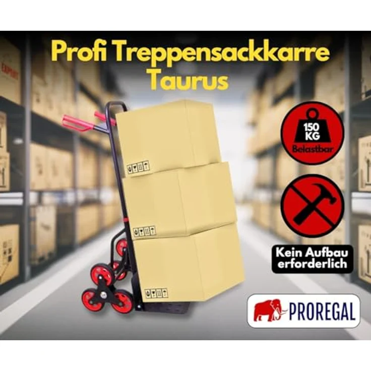PROREGAL® Treppensackkarre TAURUS Traglast 150kg Stahlrahmen ergonomische Griffe Gummiräder, robuste Konstruktion und moderne rote Akzente – Bild 4