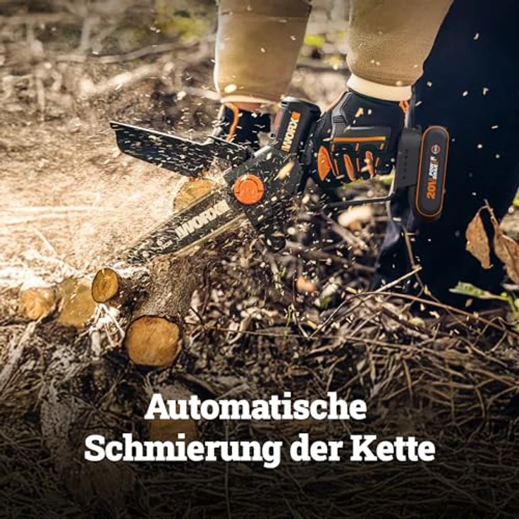 Worx WG327E 20 V Akku-Mini-Kettensäge mit bürstenlosem Motor, automatischer Kettenschmierung und werkzeuglosem Kettenwechsel – Bild 6