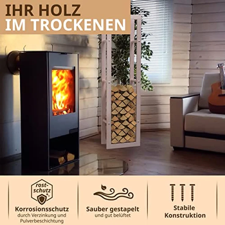 LAWA Living and Lifestyle Kaminholzregal Metall verzinkt, 150 cm hoch, RAL 9001 Cremeweiß, für innen und außen, stabile Konstruktion, Lagerung von ca. 150 dm³ Brennholz – Bild 3