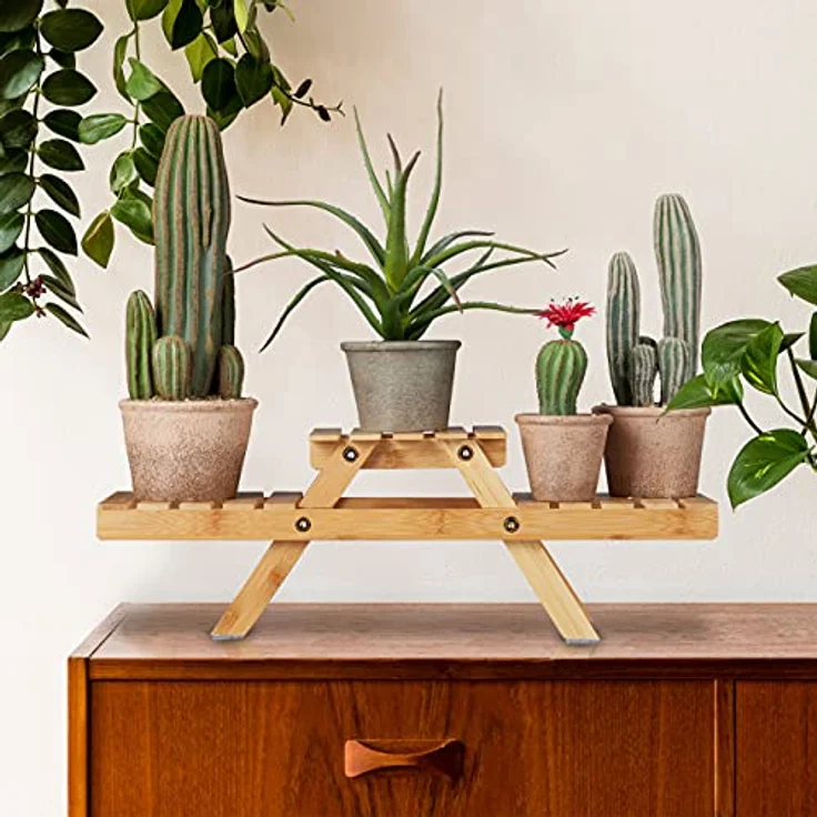 Relaxdays Blumentreppe, mit 3 Ablagen, für die Fensterbank, aus Bambus, Pflanzenregal, HBT: 17 x 51,5 x 15 cm, Natur, 100% – Bild 5