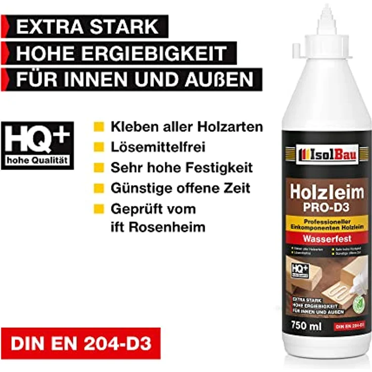 Isolbau Holzleim PRO-D3, 750 ml, extra starker wasserfester Holzkleber für Innen & Außen, lösemittelfrei, hohe Festigkeit – Bild 2
