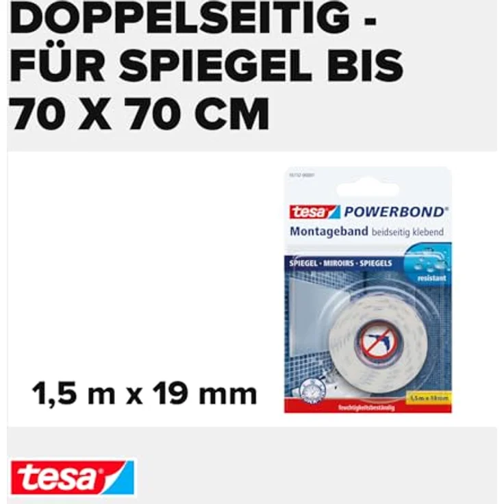 tesa doppelseitiges Montageband Powerbond SPIEGEL, 1,5m x 19mm – Bild 3