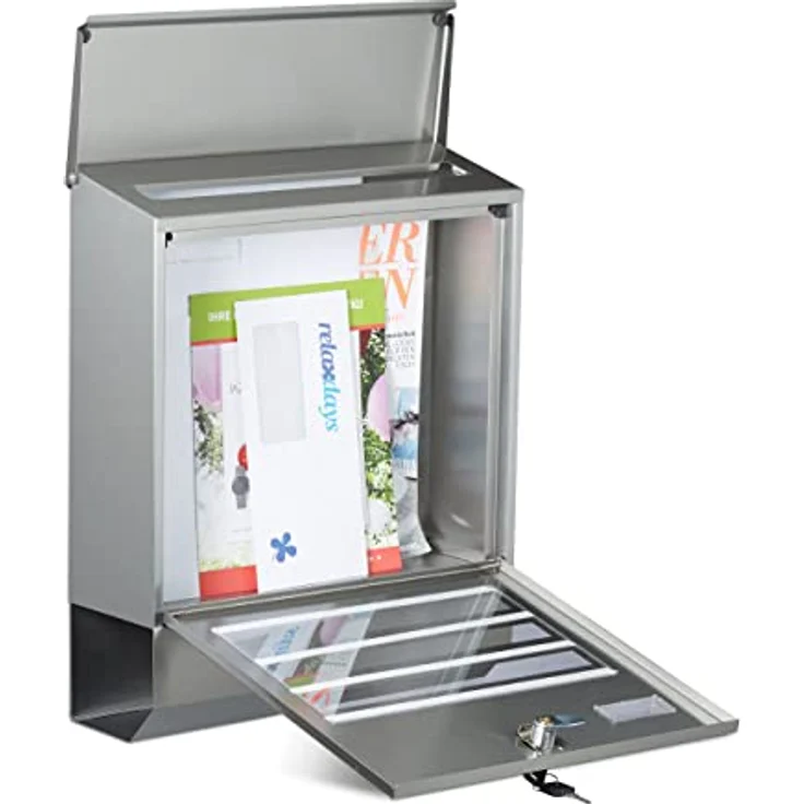 Relaxdays Briefkasten Edelstahl mit Zeitungsfach, Namensschild, HxBxT: 42 x 35 x 12,5 cm, Postkasten, Design, silber – Bild 3